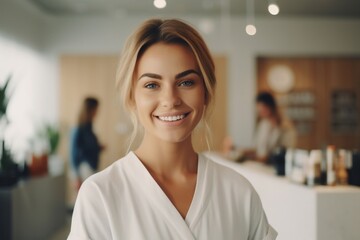 A beautiful smiling manager against the background of a bright spa salon. - obrazy, fototapety, plakaty