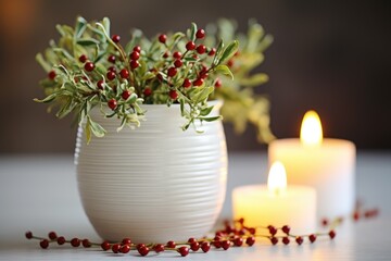 Obraz na płótnie Canvas mistletoe in a white ceramic jar with christmas candles