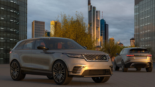 Range Rover Velar in front of the office building.3d illustration.
