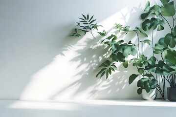 Blurred shadow from leaves plants on the white wall. simple