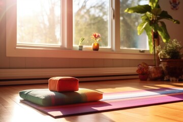yoga mat and meditation cushion in a sunlit room