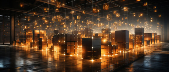 Futuristic minimalistic digital Technology Retail Warehouse Digitalization and Visualization Process Analyzes Goods, Boxes, Products Delivery, modern logistics enterprise in Distribution Center