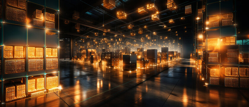 Simple minimalistic digital warehouse with cardboard boxes. The concept of a modern logistics enterprise