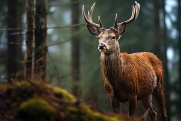 alert posture of a deer against a forest background