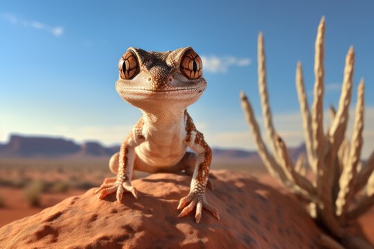 defensive posture of a gecko against desert background