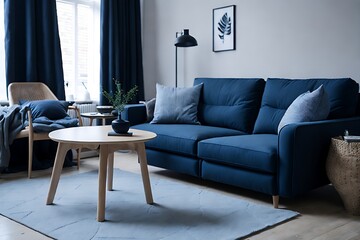 Dark blue sofa and recliner chair in scandinavian apartment luxury