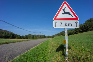 signs for loose animals, regional road, Ariège Pyrenees regional natural park, Arize massif, French Republic, Europe