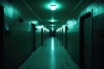 the glow of emergency exit signs in a dark hallway