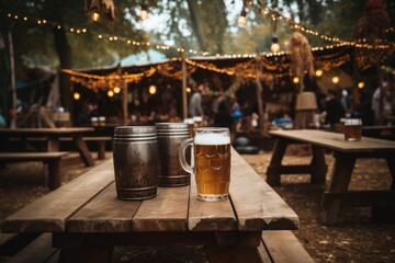 full beer mugs on rustic festival tables