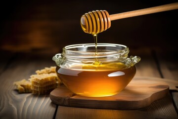 a pot of honey with a drizzler, on a wooden table