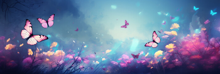 Fototapeta na wymiar 美しい蝶がいる風景を描いた水彩イラスト