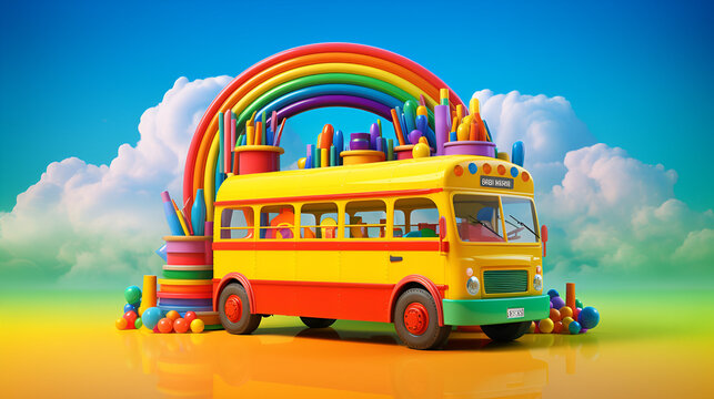 bus with colorful background illustration 3d render