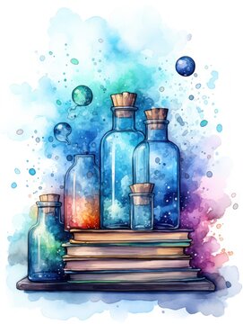 Watercolor painted collection of halloween magic potions bottle standing on books isolated against white background with bubbles. Generative AI Concept of mystery, fantasy, art, alchemist, magic.