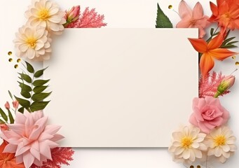 Composition with flowers and blank paper on a beige background. Greetind card mockup. AI Generative.