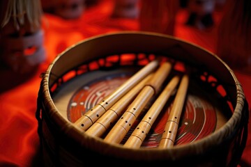 drumsticks atop traditional hand drum