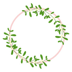 Cute and gentle Vector floral mistletoe wreath with branches. Seasonal border decoration. Seasons greetings, rustic Christmas wreath. Lovely hand drawn decor for Postcard, Wedding invitation, Poster.