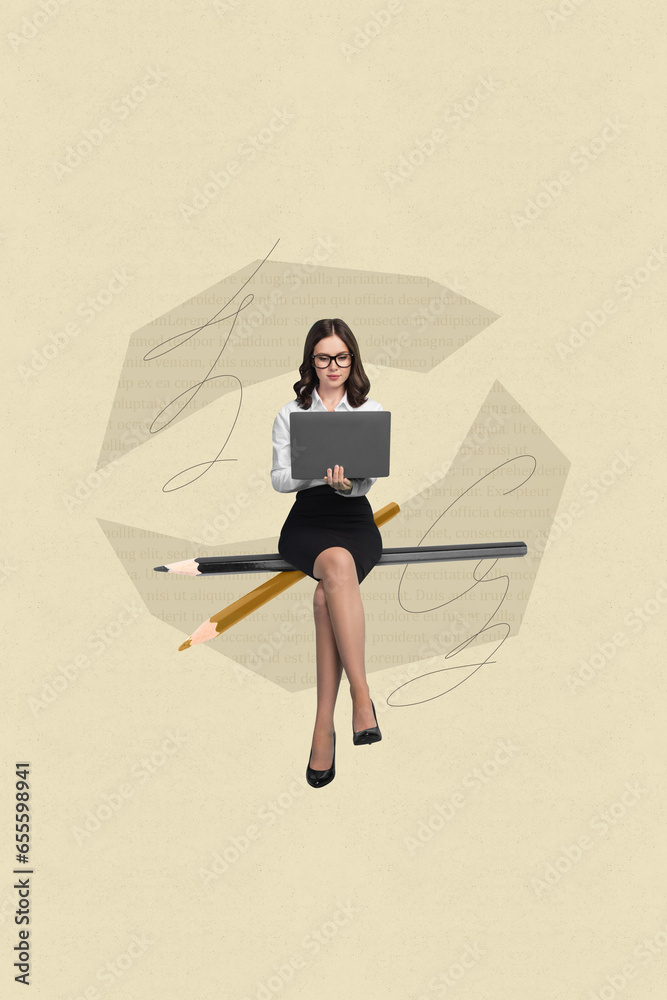 Aufkleber picture collage of beautiful professional reviewer writing feedback using netbook isolated on drawin