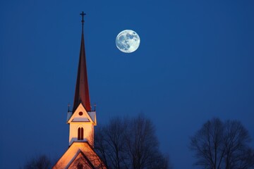 luminous winter moon over a frosty church steeple - obrazy, fototapety, plakaty