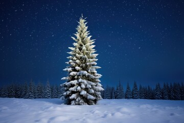 single fir tree covered in snow against a clear night sky