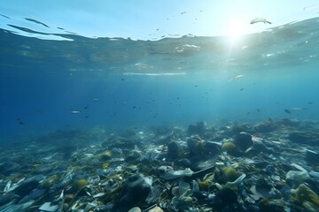 Fototapeta na wymiar Marine life living in the dirty sea, trash under the sea