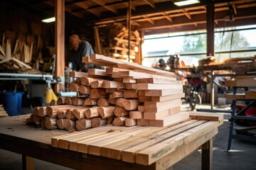 pile of lumber at a woodworking station - obrazy, fototapety, plakaty