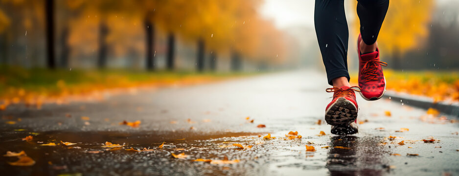 Legs, feet and shoes of a person Running or Jogging outdoors in rainy autumn weather with leaves in warm colors on the ground.  Low angle shot with shallow field of view. Concept of health and fitness