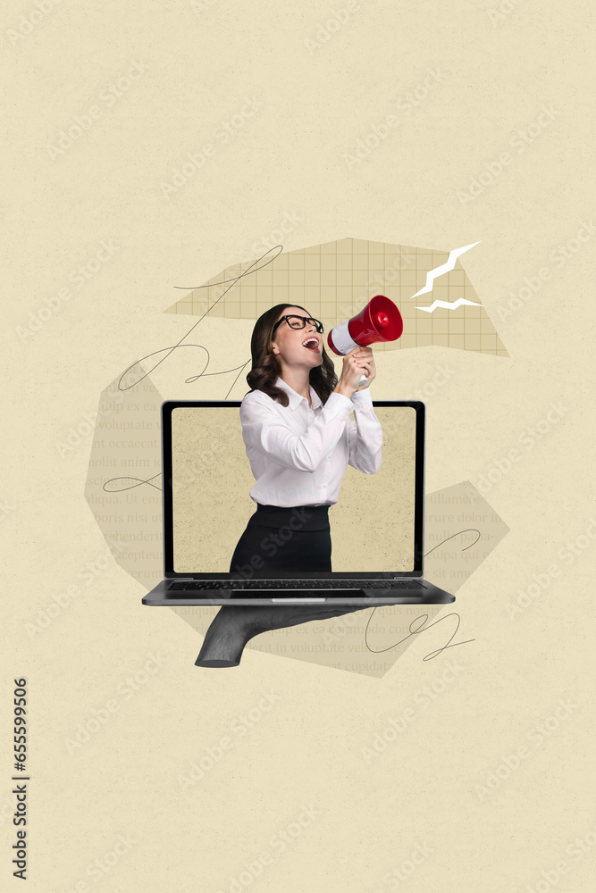 Aufkleber image collage sketch of arm hold modern netbook gadget funny girl on monitor announcing news isolate