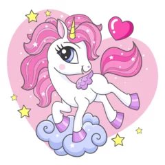 Fotobehang Cute cartoon unicorn with a pink mane on a cloud. Theme of magic and sorcery. For children's design of prints, posters, cards, stickers, puzzles, etc. Vector illustration © Zerlina
