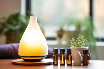 aromatherapy diffuser with bottles of medication in the background - obrazy, fototapety, plakaty
