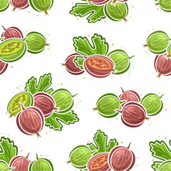 Vector Gooseberry seamless pattern, repeating background with illustration of gooseberries still life composition for wrapping paper, collection of flat lay garden gooseberry fruits for home interior