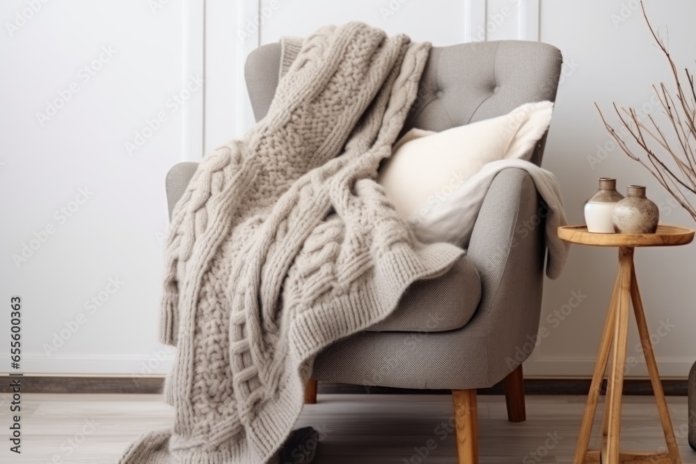 Wall mural comfortable armchair with a cozy knitted blanket