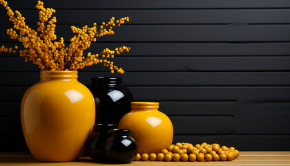 Modern stylish still life of vases, spheres and flowers in yellow and black colors. Wallpaper for interior