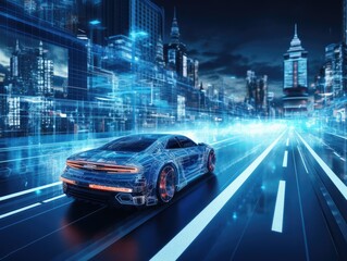 car or vehicle open headlamp parked in futuristic modern concept. Future transportation. Futuristic autonomous car. Driverless autonomous vehicle. Self-driving car technology. AI Generative.