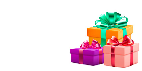 Festive illustration with three colored gift boxes with ribbons and bows on white background