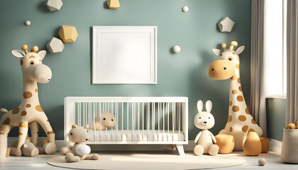 Cozy interior background of cute children's room, furniture including empty poster frame and crib. - obrazy, fototapety, plakaty