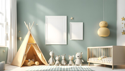 Cute children's room interior background, empty poster frame and other furniture. - obrazy, fototapety, plakaty