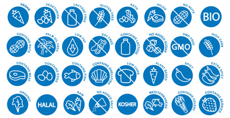 Dietary restrictions icon set with elements such as vegan, vegetarian, keto, gluten free, dairy free, sugar free etc, round blue vector icons.	 - obrazy, fototapety, plakaty