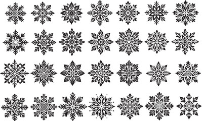 Snowflake silhouettes. Set of black snowflake silhouettes. Snowflake brush isolated. Complex cartoon snowflake silhouette isolated. Winter time vector