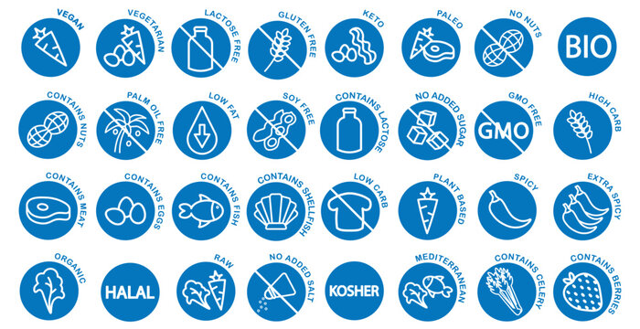 Dietary restrictions icon set with elements such as vegan, vegetarian, keto, gluten free, dairy free, sugar free etc, round blue vector icons.	
