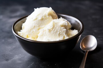 a scoop of vanilla ice cream in a small bowl