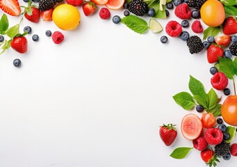 Frame of fresh berries on white background. copy space of berry frame. AI Generative.