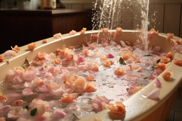 bubble bath with floating flower petals spread around