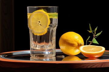 Fototapeta premium clear glass of water with a slice of lemon on a rostrum