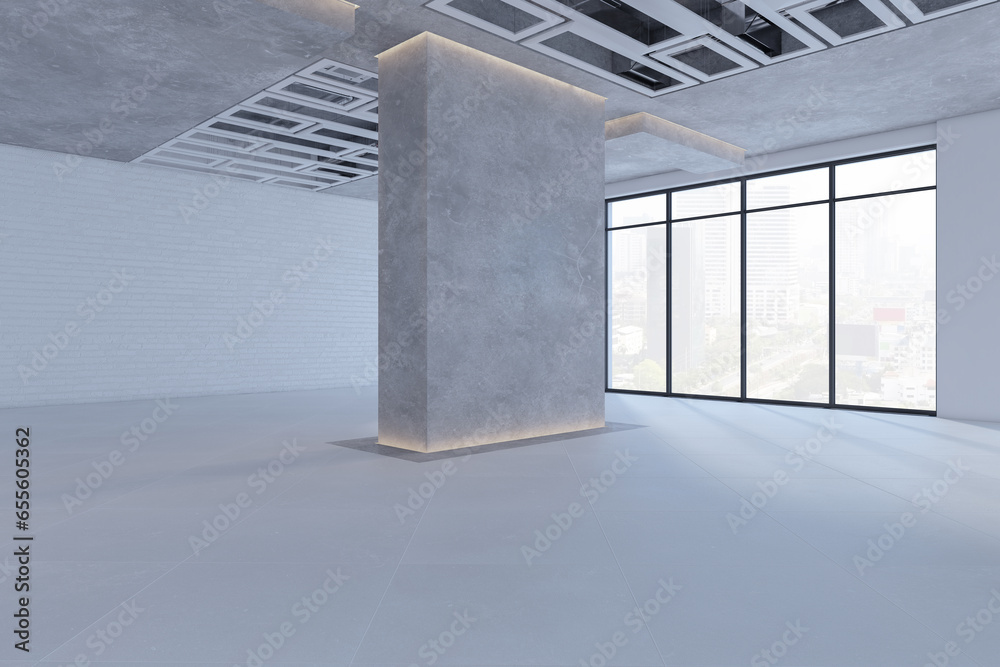 Poster contemporary gallery warehouse interior with mock up place on concrete walls and panoramic windows w