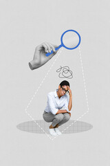 Vertical creative composite photo collage of arm hold magnifying glass learn problems of depressed...