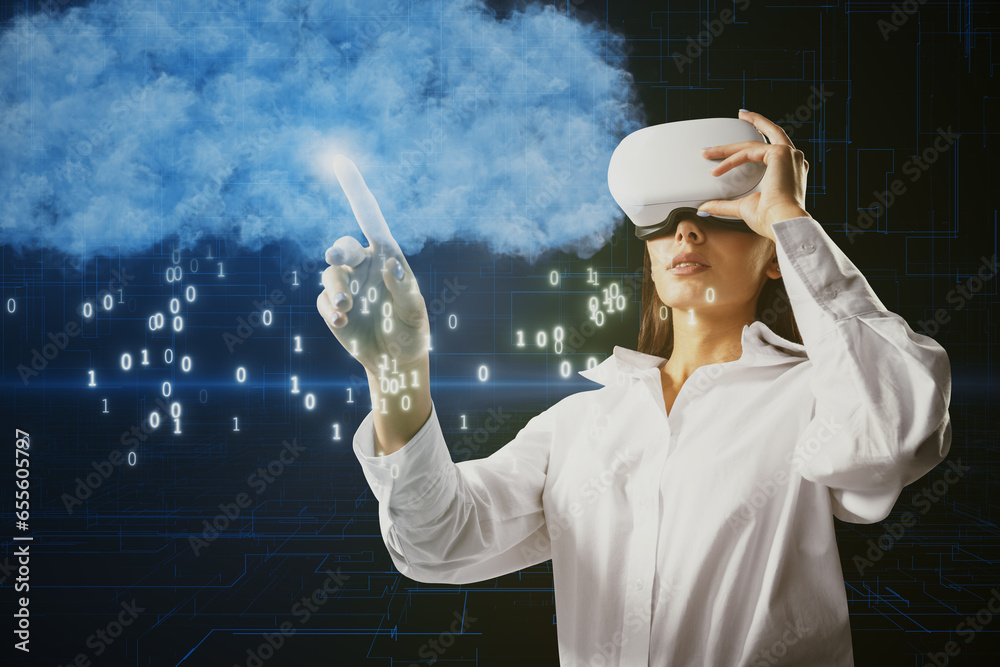 Poster attractive young european woman with vr glasses and creative cloud hologram with binary code rain on