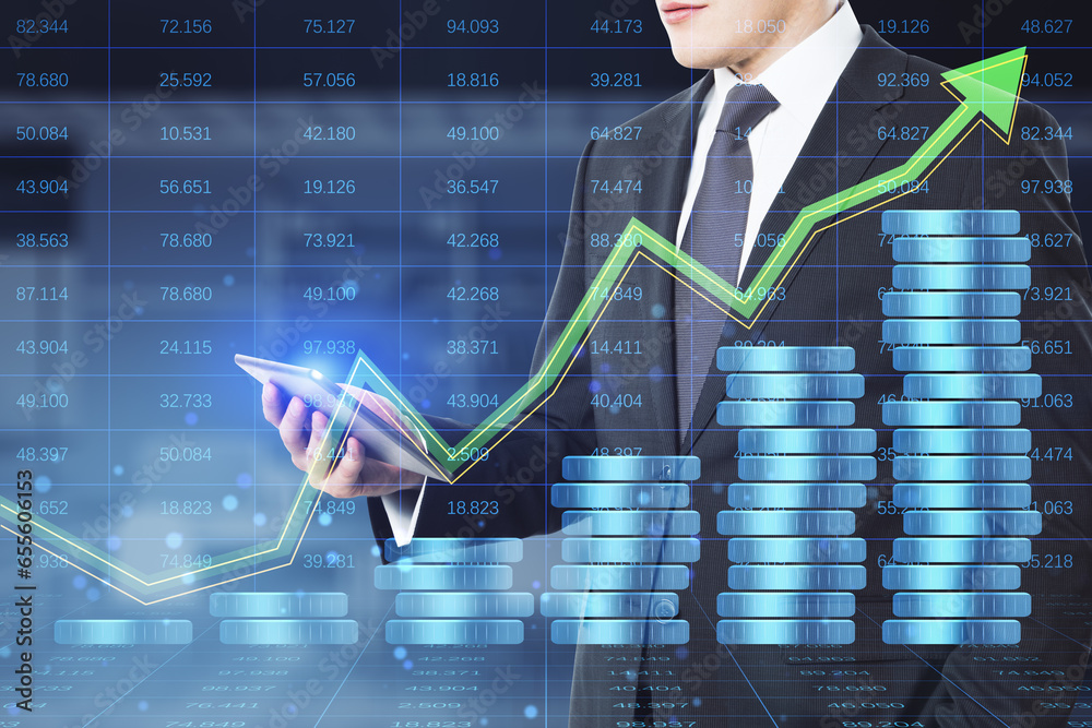 Poster close up of businessman hand using mobile phone with creative forex chart hologram with growing stac