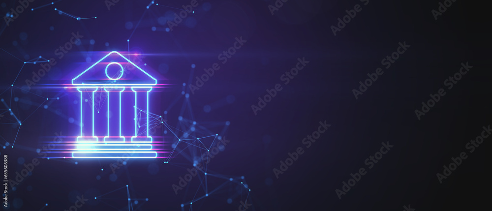 Poster wide purple background with polygonal banking hologram and mock up place. 3d rendering.