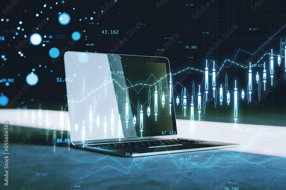 Aufkleber close up of laptop computer with creative glowing forex chart hologram on blurry background. trade a