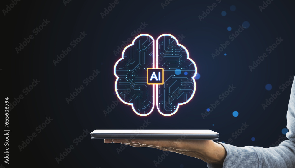 Poster Close up of woman hand holding tablet with creative digital brain hologram with circuit on blurry blue bokeh circles background. Artificial intelligence and machine learning concept.